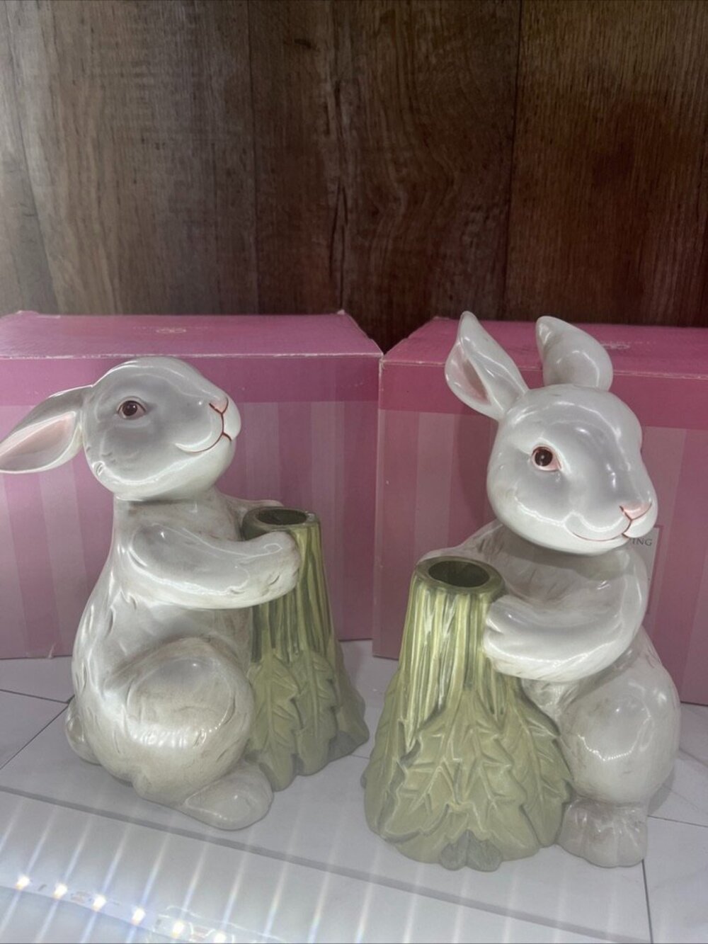 Vintage 2004 Department 56 Two - Large Rabbit Taper Candle Holders Set 8” MINT